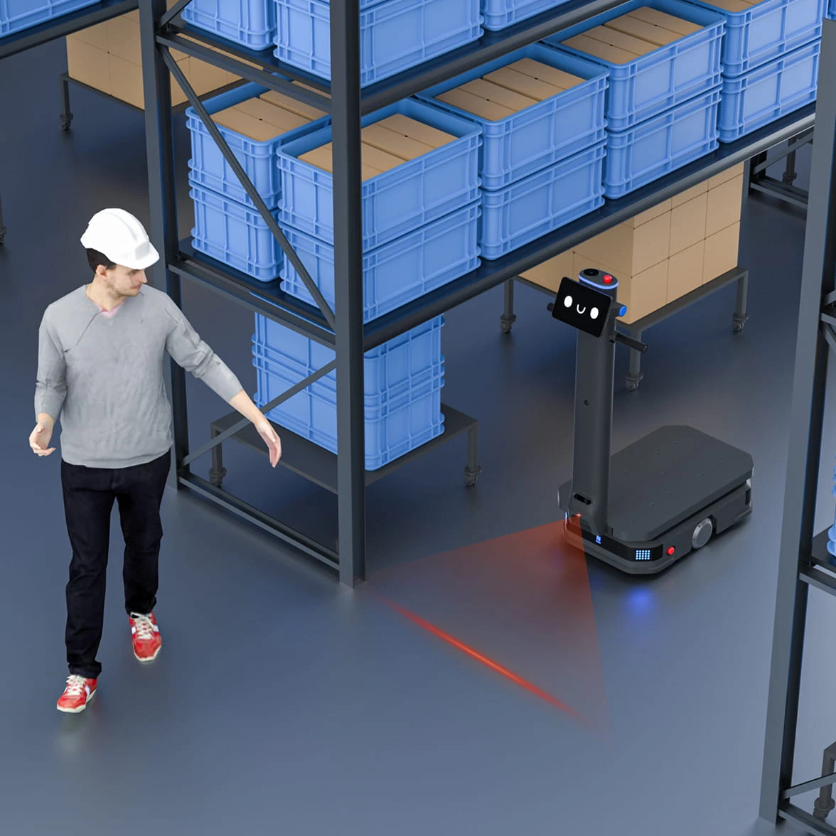 Bodenprojektion des T600 neben einem Mitarbeitenden